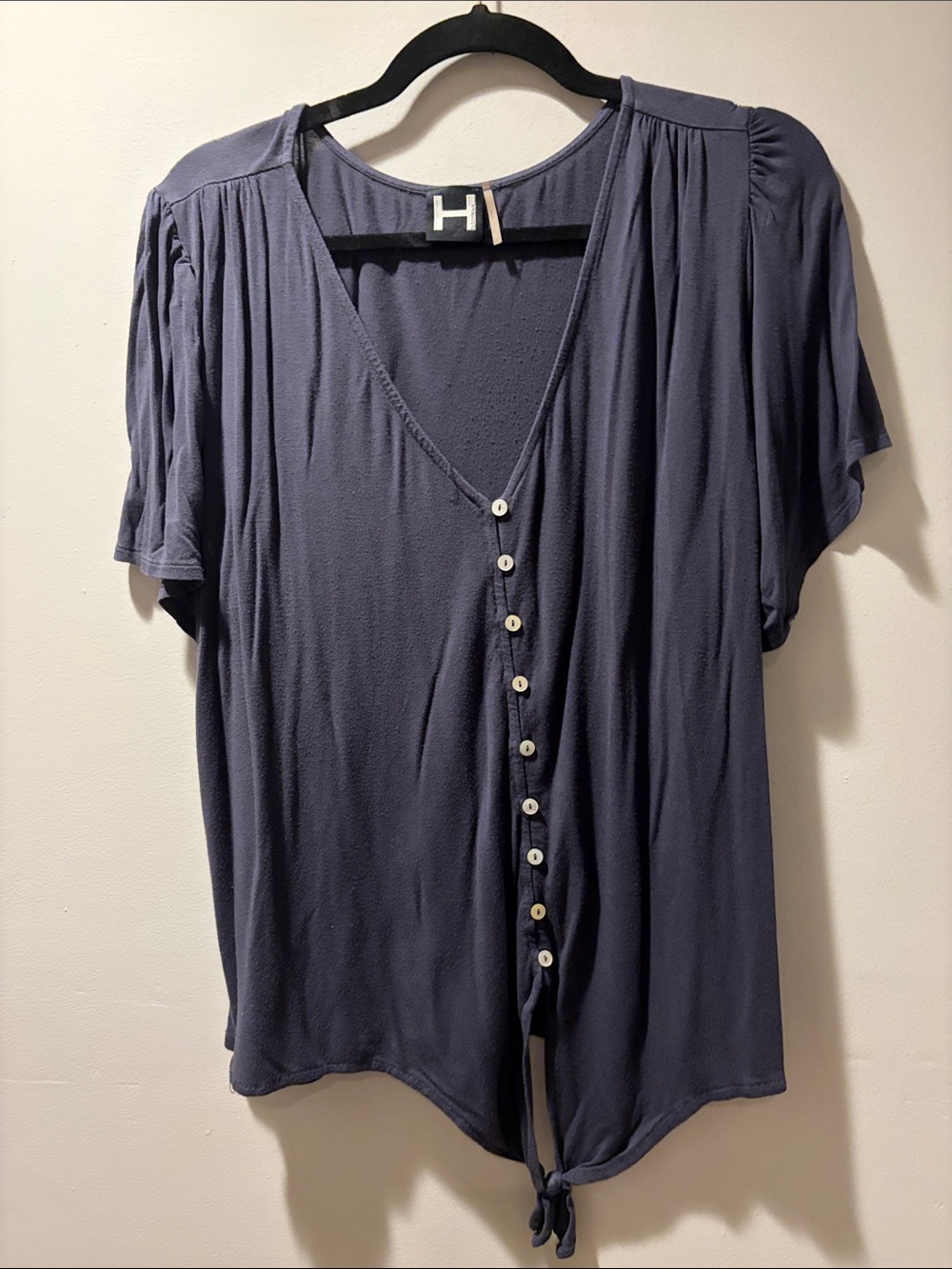 Navy Short-Sleeve Button-Front Tie-Front Blouse